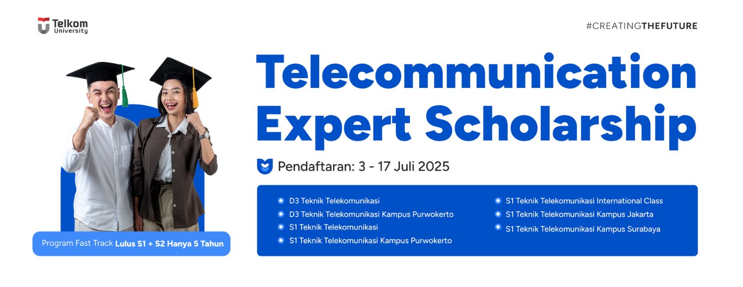 Web banner jalur seleksi telecommunication expert scholarship telkom university 2025