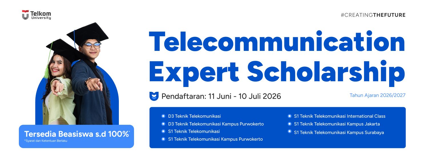 Web banner jalur seleksi telecommunication expert scholarship telkom university juni